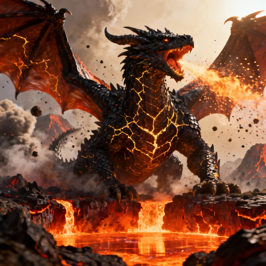 AI volcanic dragon breathing fire amid lava