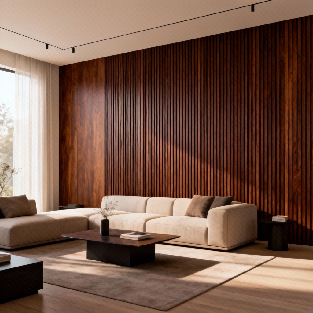 AI-generated modern walnut slat wall in a bright living room