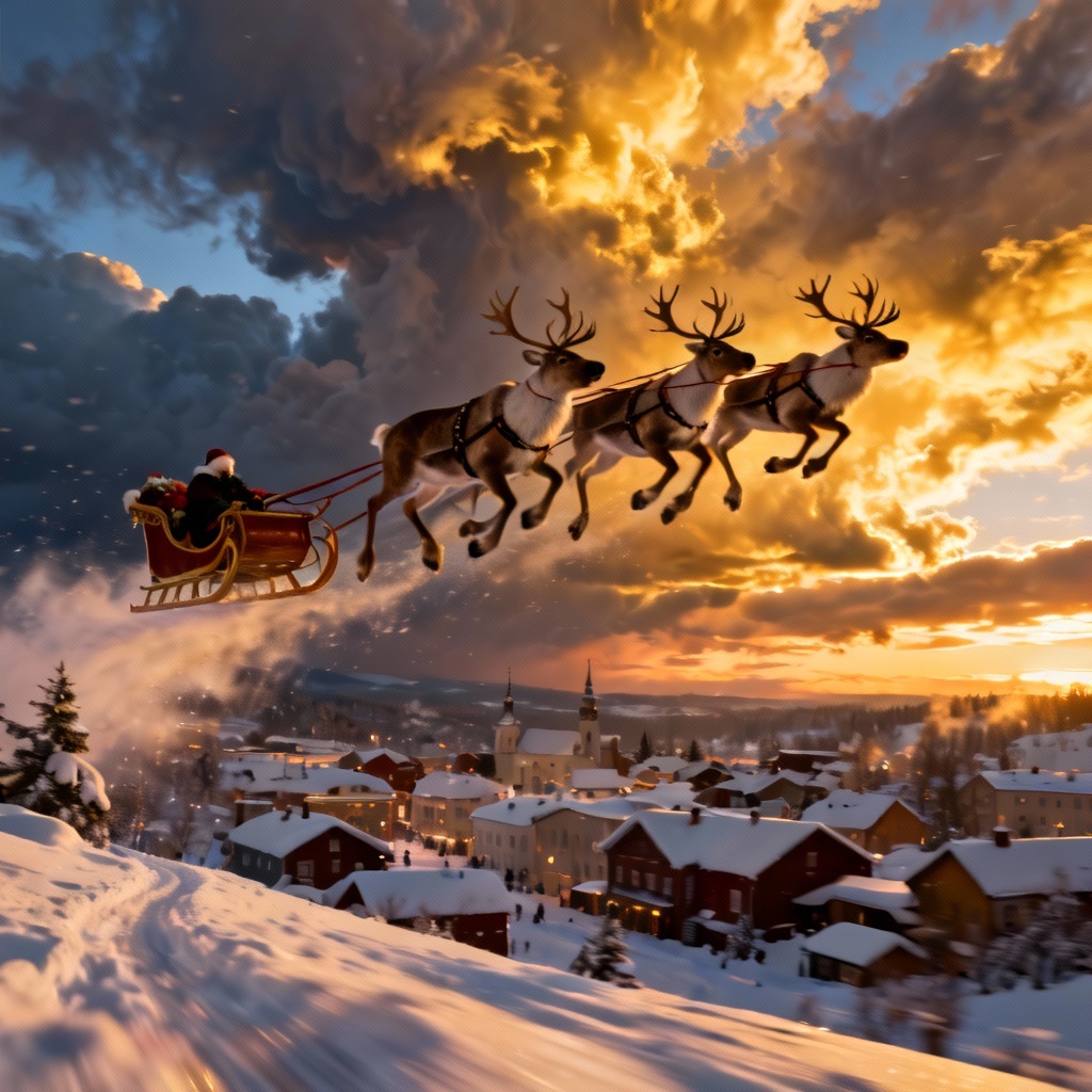 Cinematic reindeer sleigh team flying over a snowy town at dusk