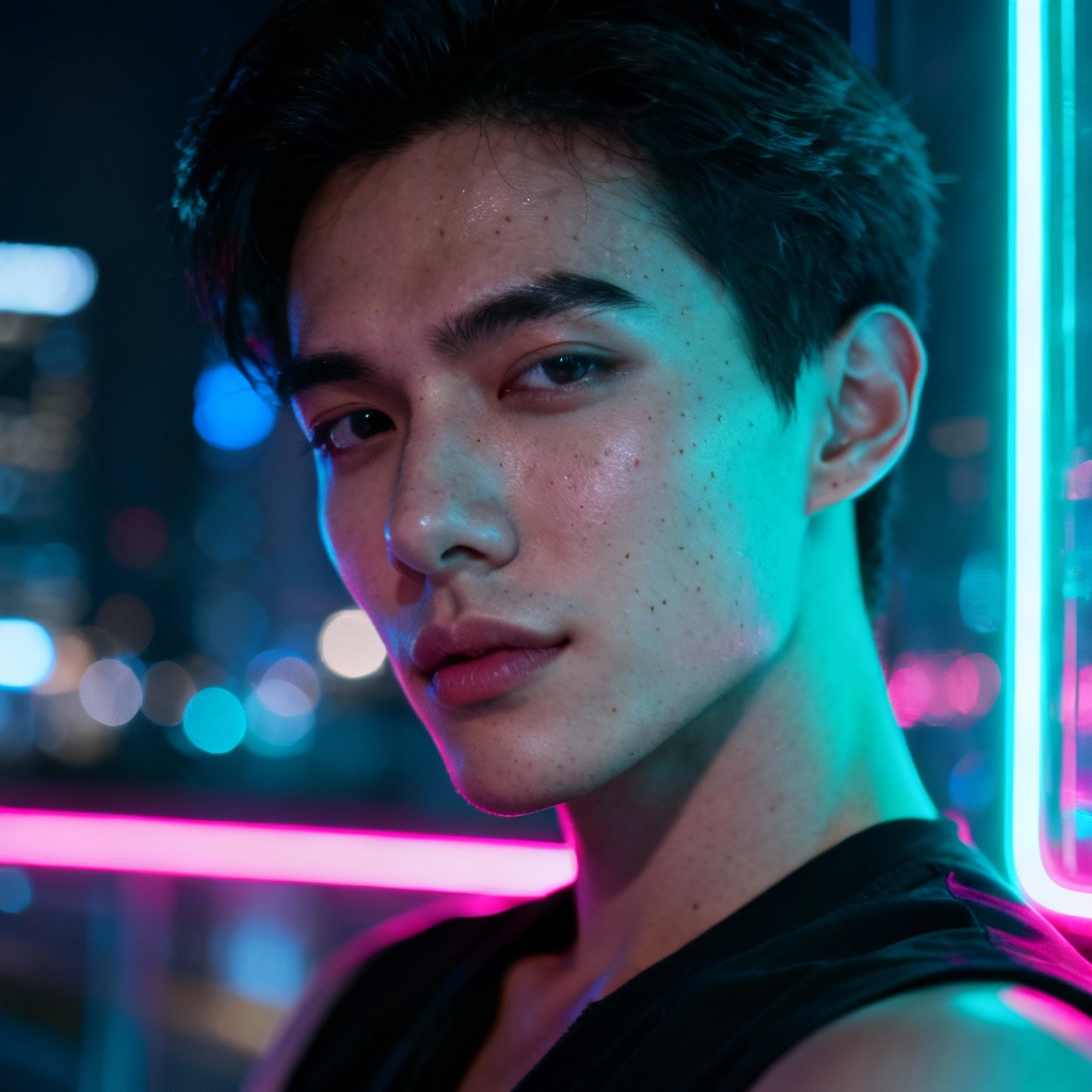 AI cinematic neon portrait with cyan magenta rim lights