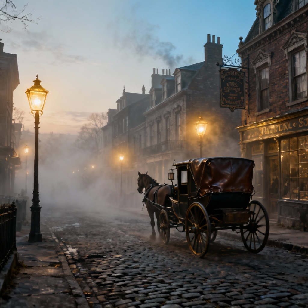 AI-generated Victorian foggy street with gas lamps and brick townhouses