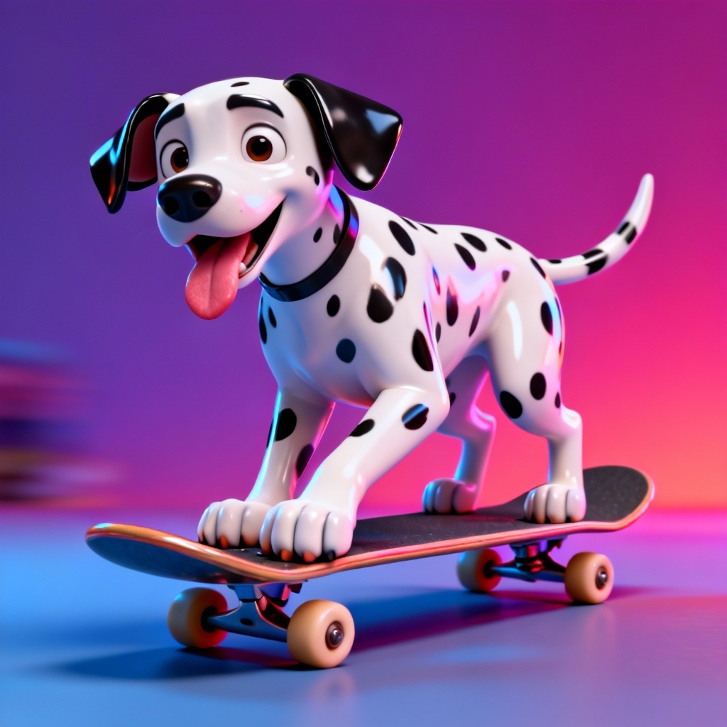 3D rendered dalmatian riding a skateboard