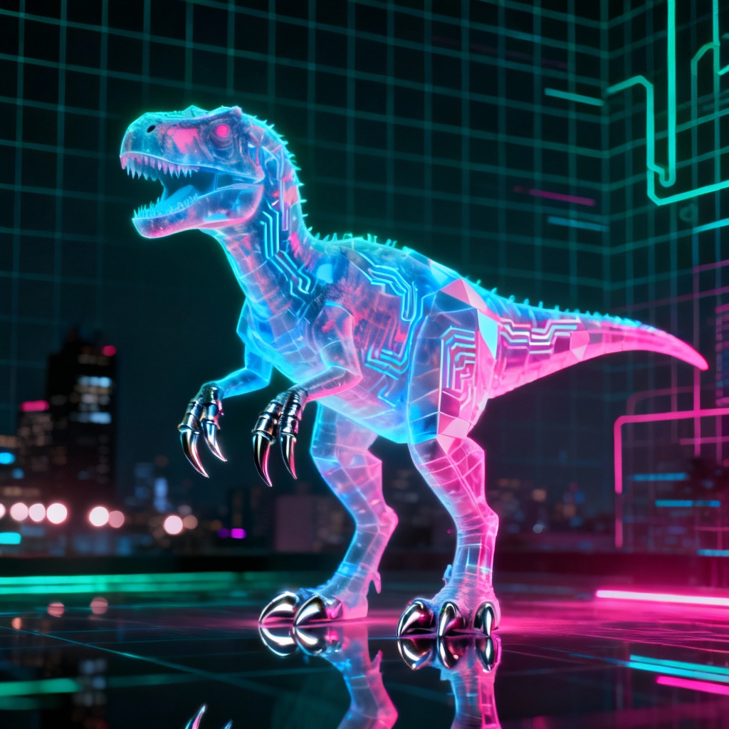Holographic cyber raptor with neon grid and futuristic glow