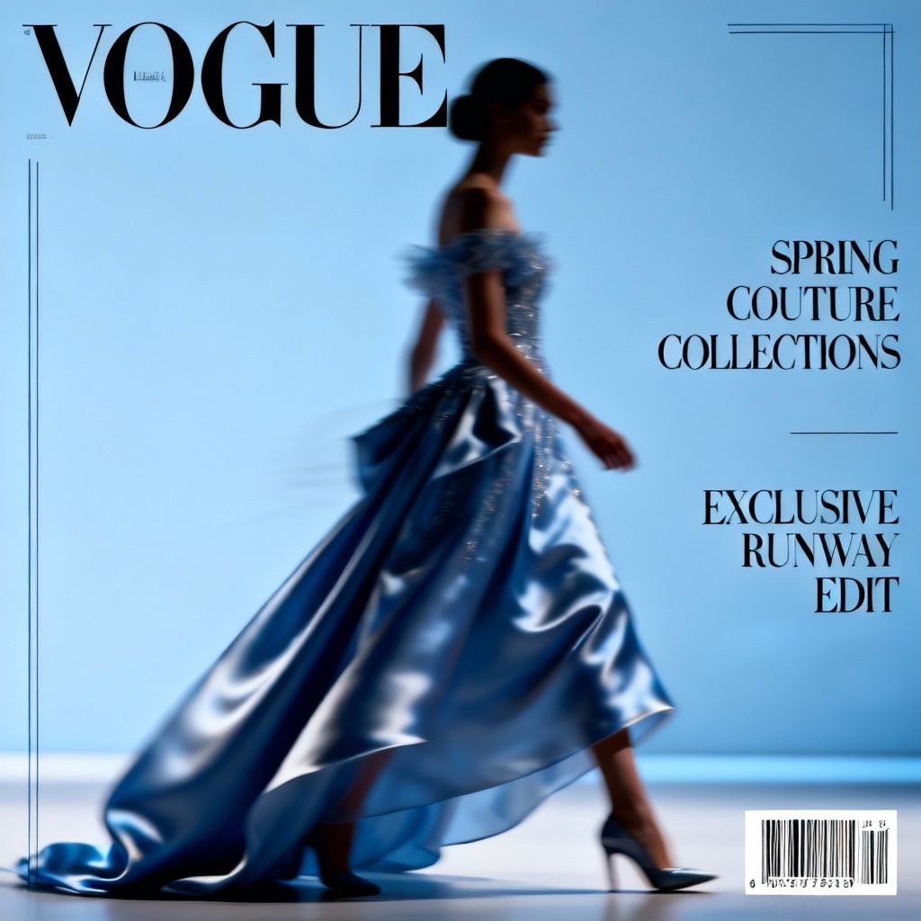 AI runway magazine cover with motion blur and couture details
