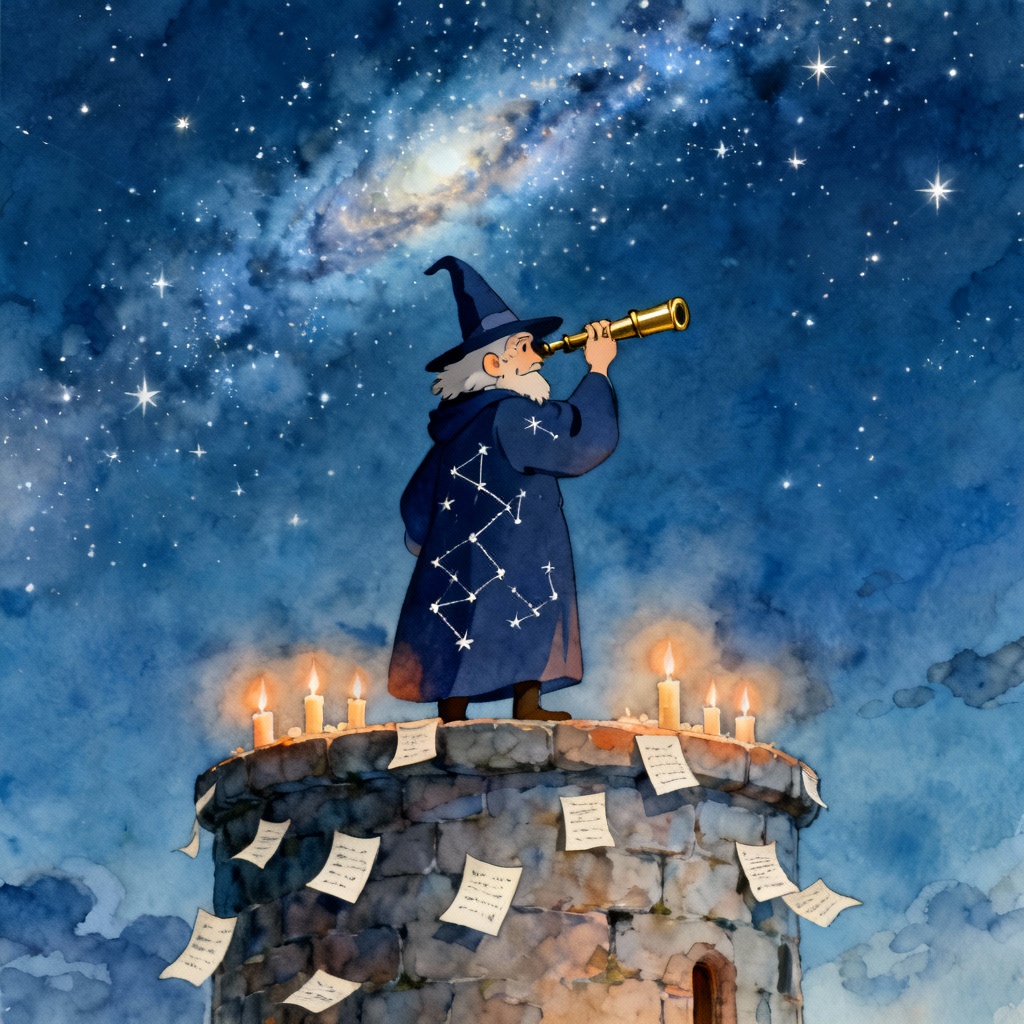 AI wizard ghibli persona stargazing on a stone tower