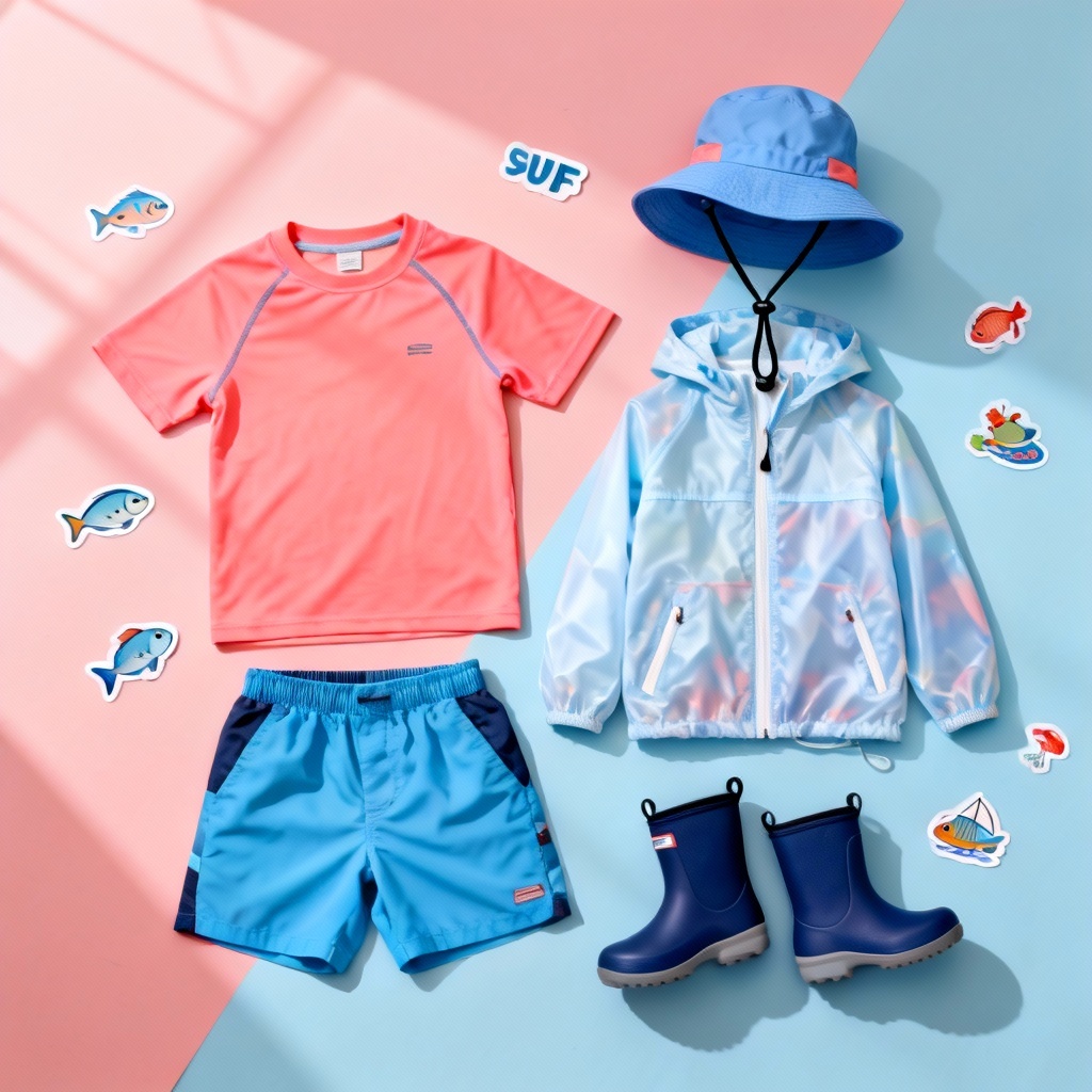 AI kids fishing outfit flat lay with UPF gear