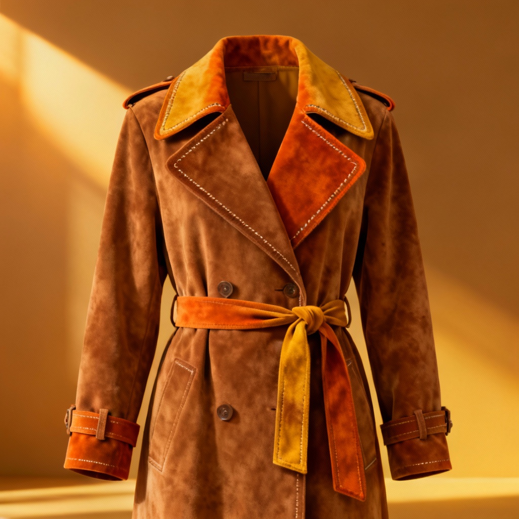 AI 1970s suede trench coat with wide collar and belt