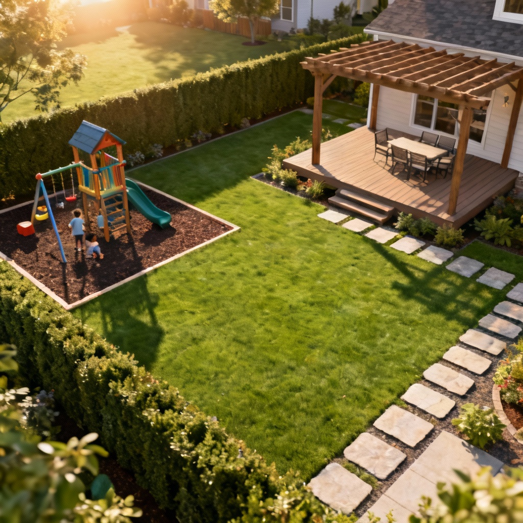 AI family backyard lawn with play area and deck