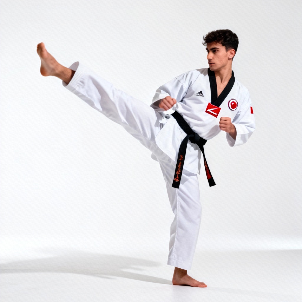 AI Turkish taekwondo athlete performing high kick