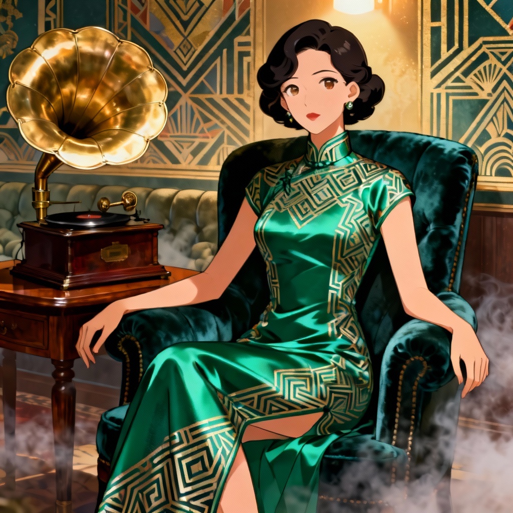 Vintage lounge setting with 1930s style qipao in anime art