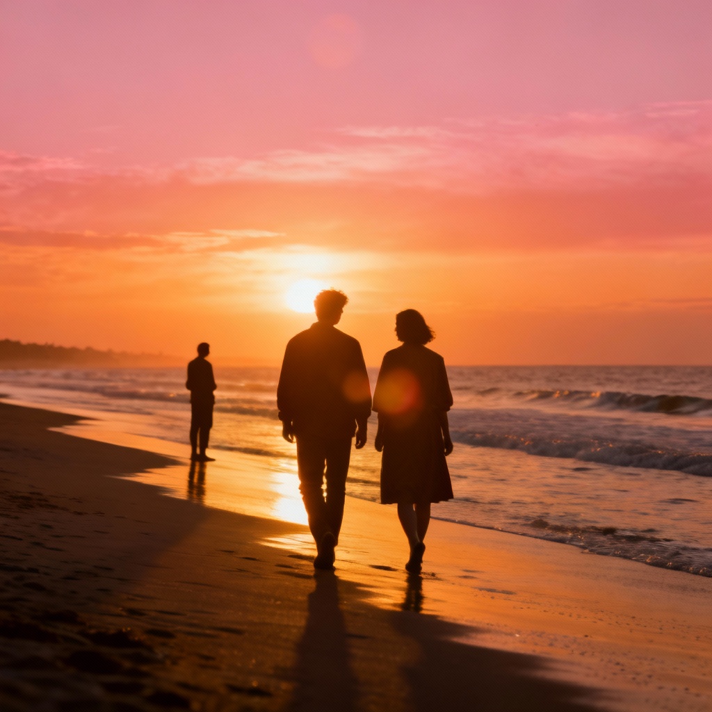 AI beach sunset scene with romantic distance