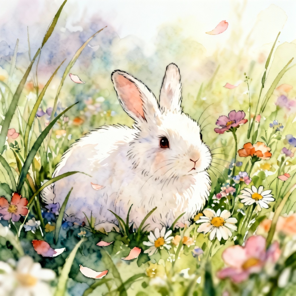 Ghibli-style bunny among wildflowers