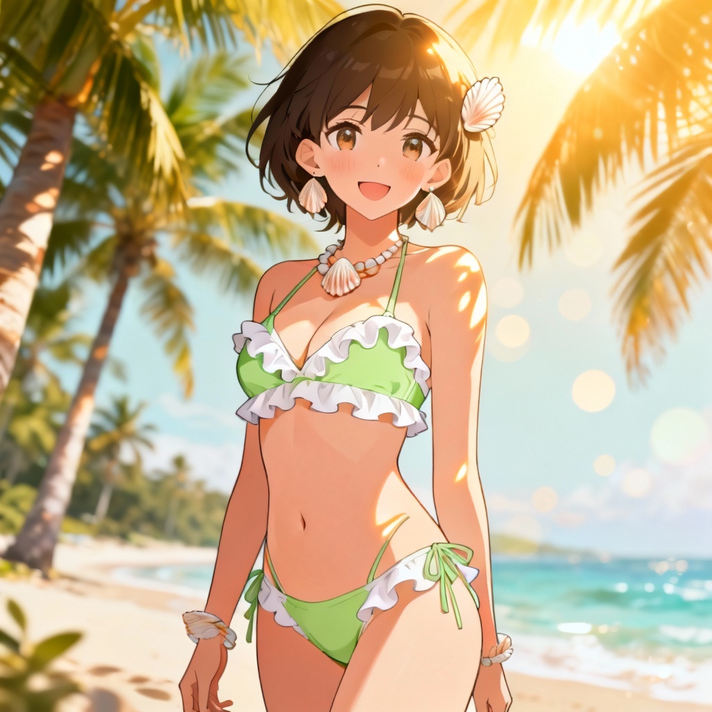 Tropical ruffled bikini waifu under palm trees with sunlight