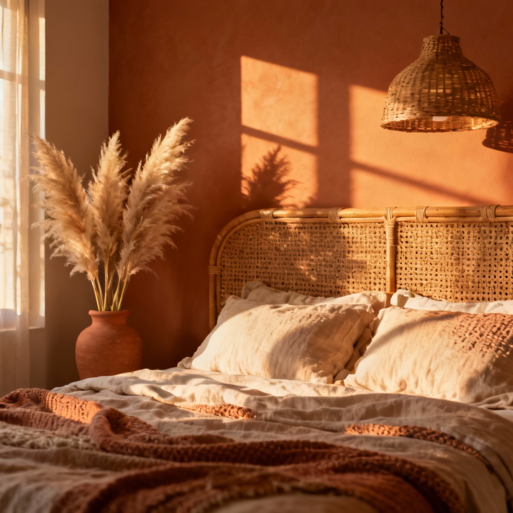 AI boho bedroom with golden hour sunlight and long soft shadows