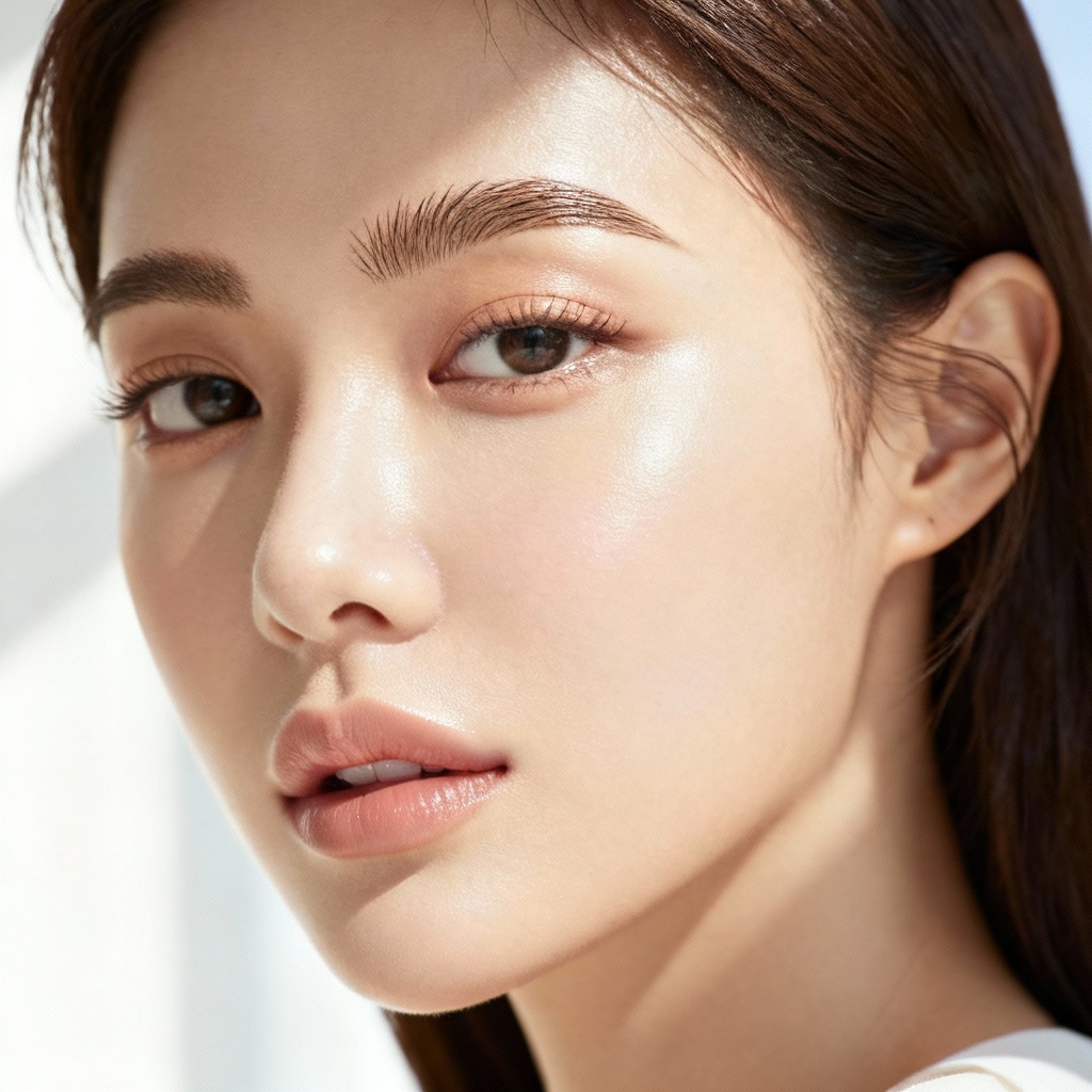 AI editorial beauty portrait with minimal makeup in morning light