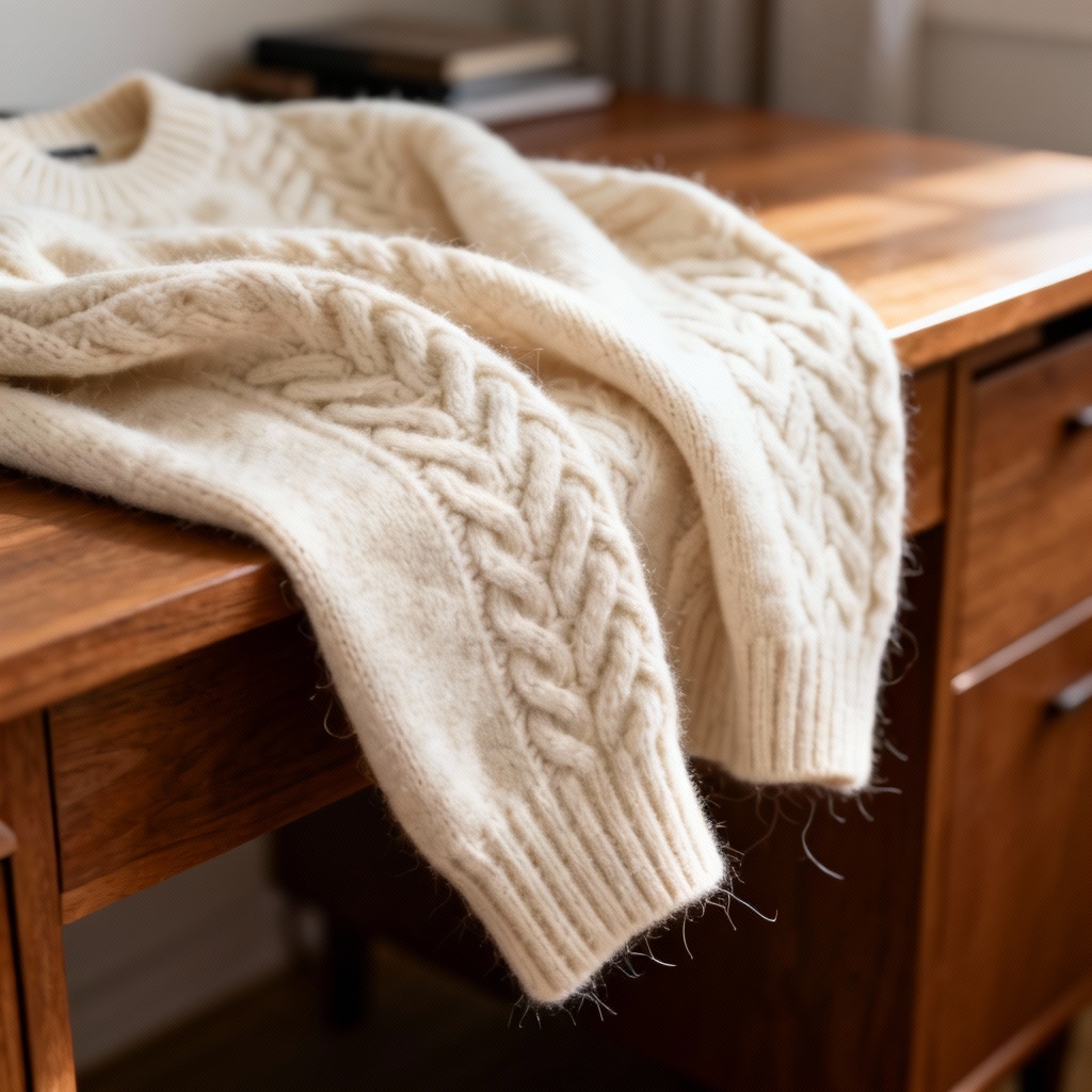 Macro cable knit merino wool texture in soft daylight