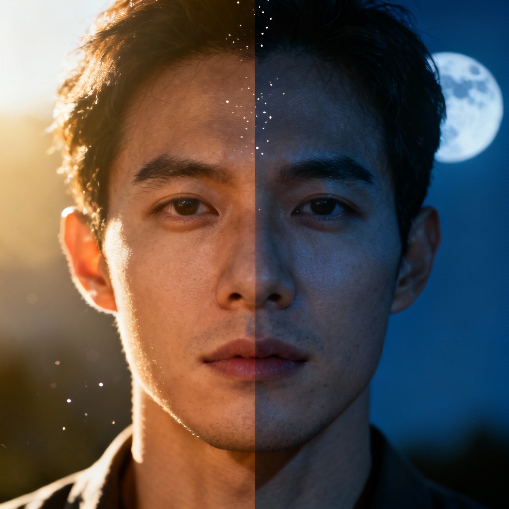 AI light vs dark split-face portrait