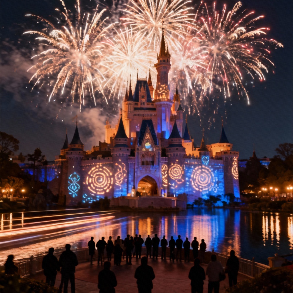 Nighttime castle show concept with fireworks and lighting design