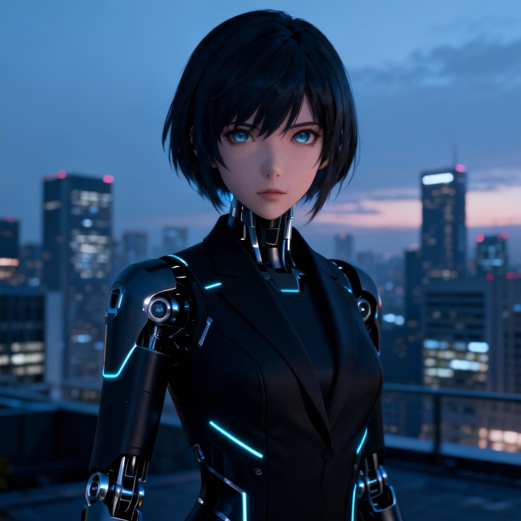 AI sleek yandere android in techno suit with city skyline