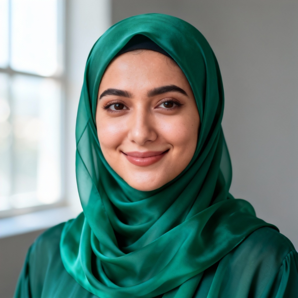 AI hijab headshot in emerald chiffon with natural light