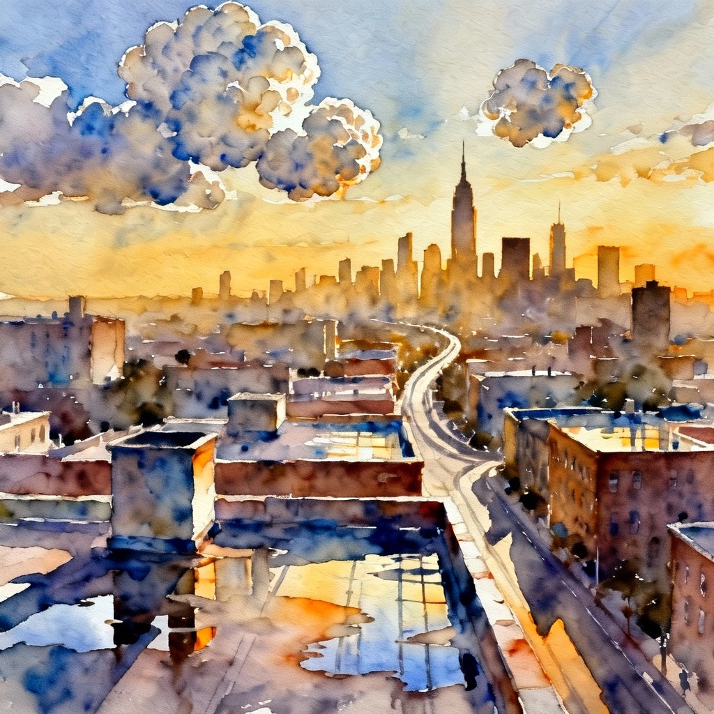 AI watercolor cityscape at golden hour with loose brushwork