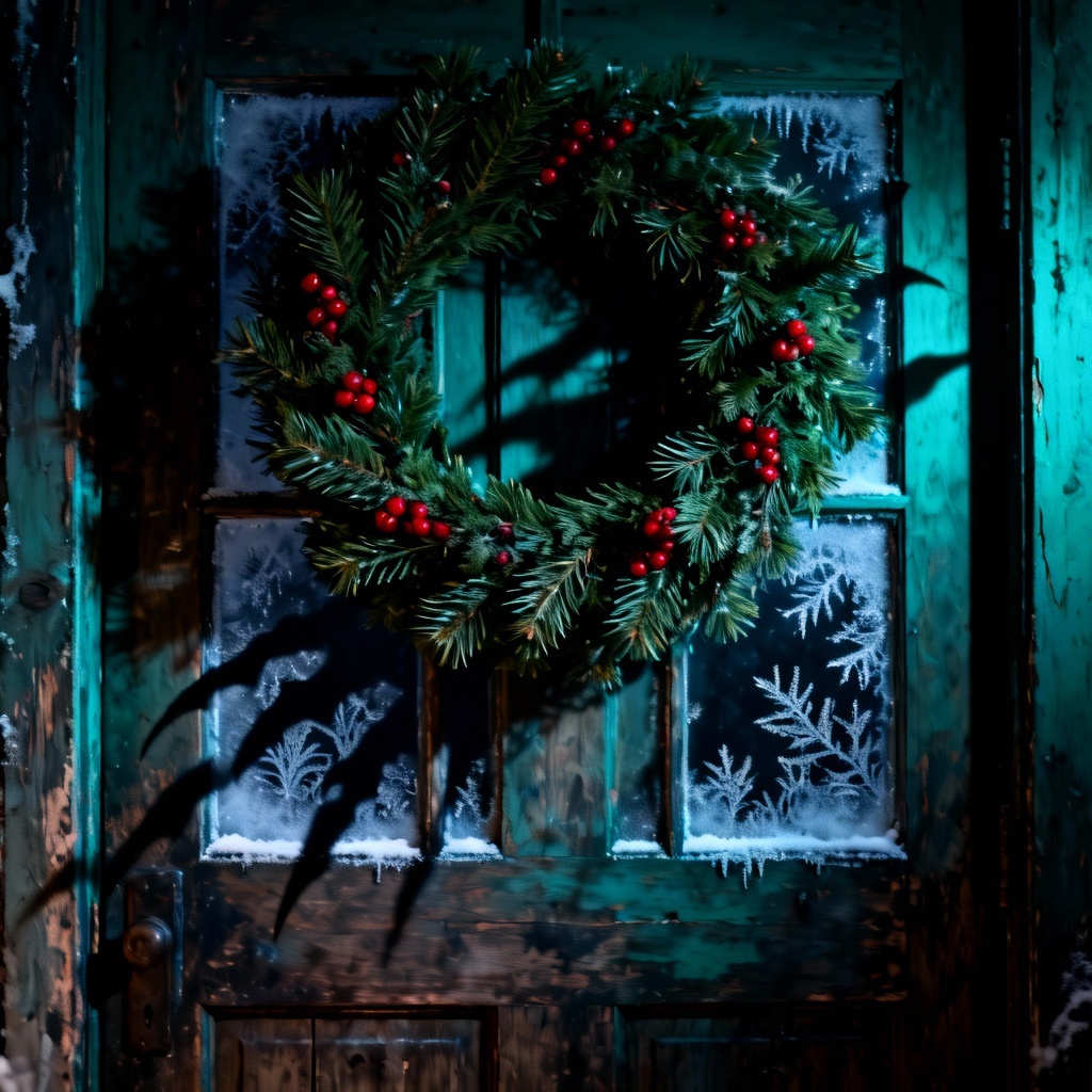AI Krampus-themed dark Christmas doorstep scene