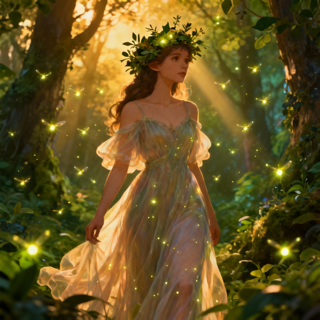 AI fantasy Ophelia as a forest queen with fireflies