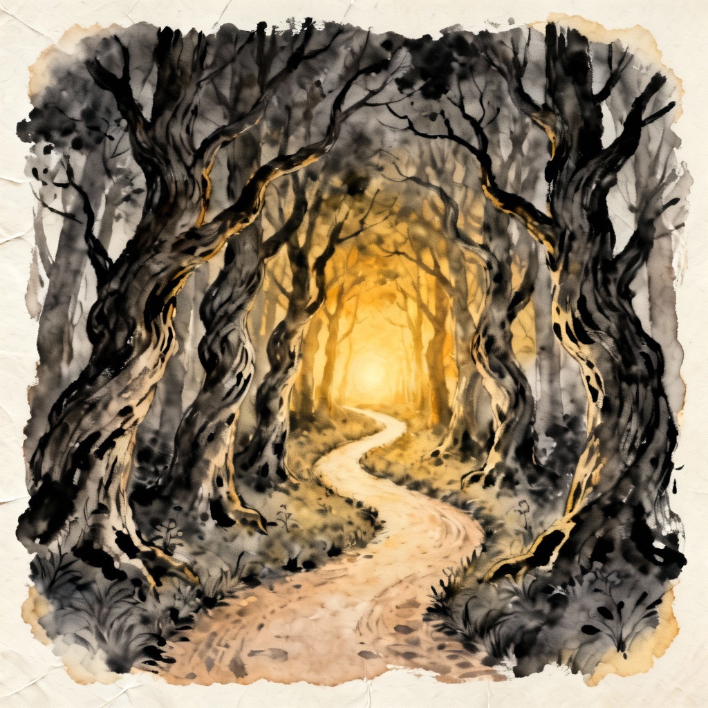 AI old-world fairytale path in moody woodland