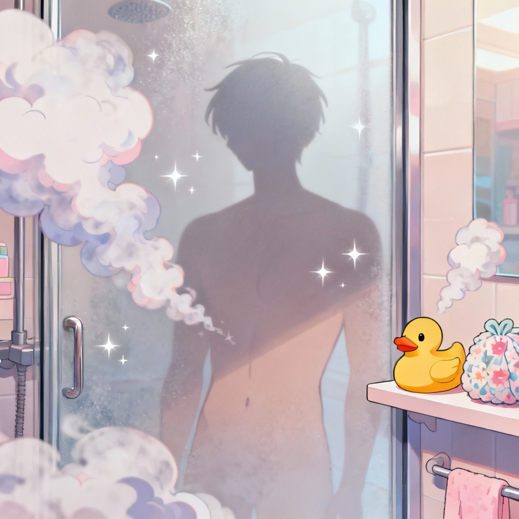 AI anime SFW shower scene with chibi steam clouds