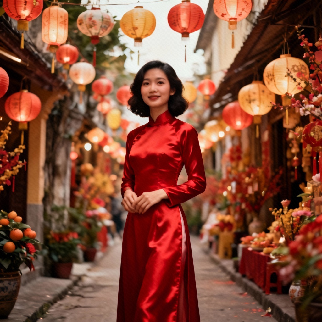 Tet festival ao dai portrait with red lanterns