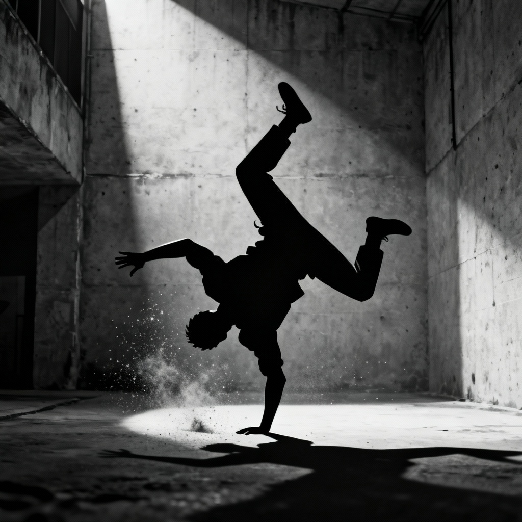 AI street dancer jump silhouette with gritty texture
