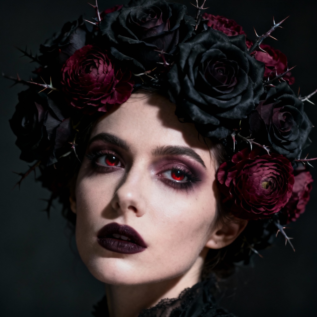 AI gothic dark rose flower crown portrait