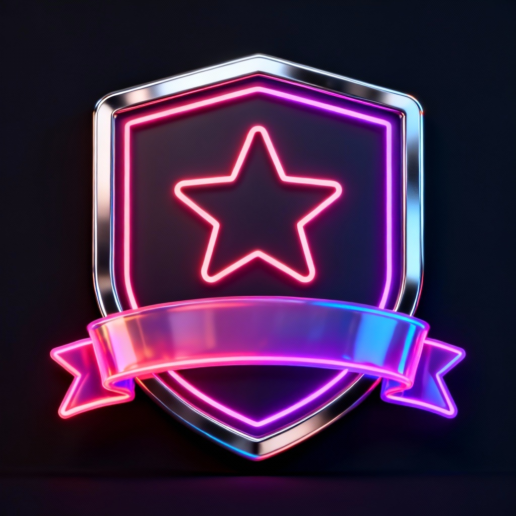 AI neon gradient shield badge with ribbon and star