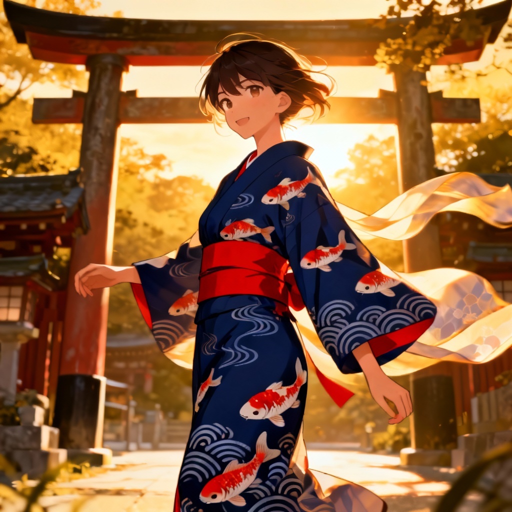 AI koi fish wagara yukata near temple