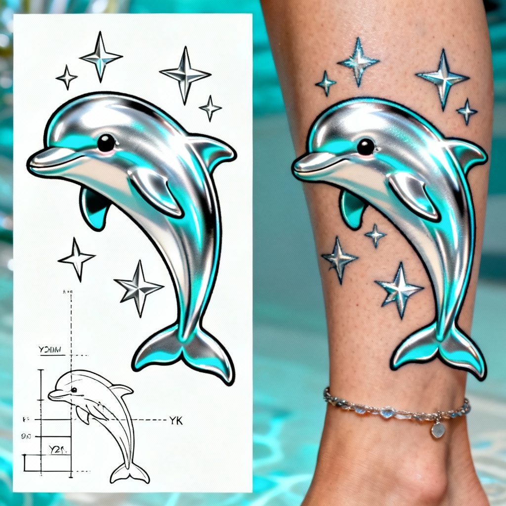 AI Y2K dolphin and stars ankle tattoo design