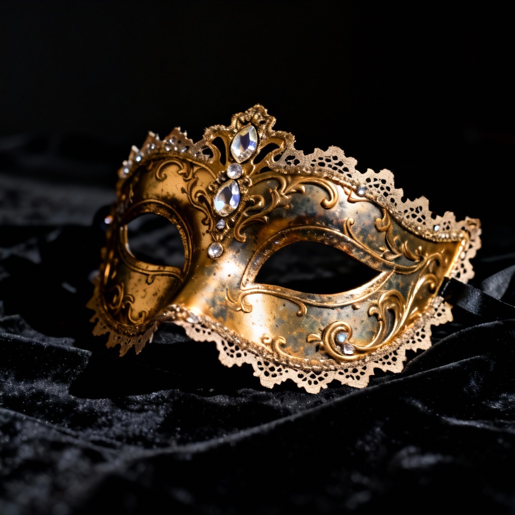 AI Venetian masquerade mask with gold filigree and crystals on velvet
