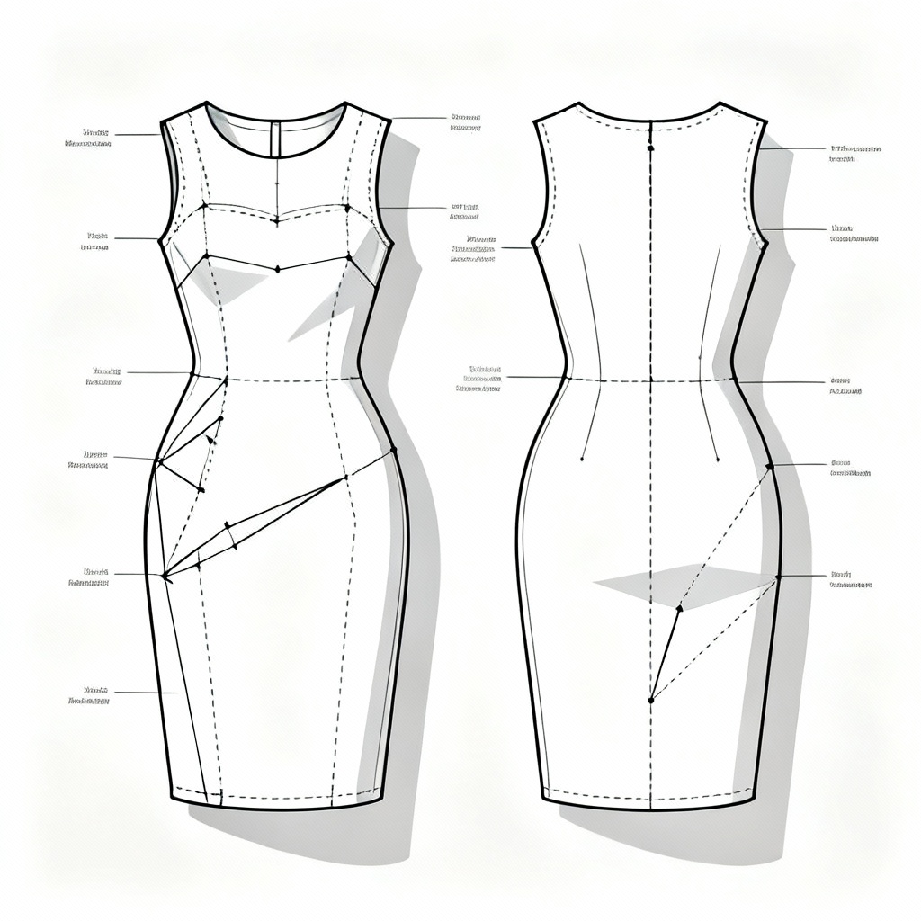 AI technical fashion flats of empire silhouette front and back