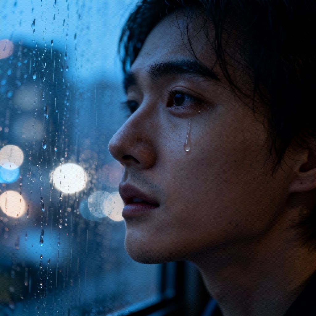 AI sorrow portrait at a rainy window with reflections