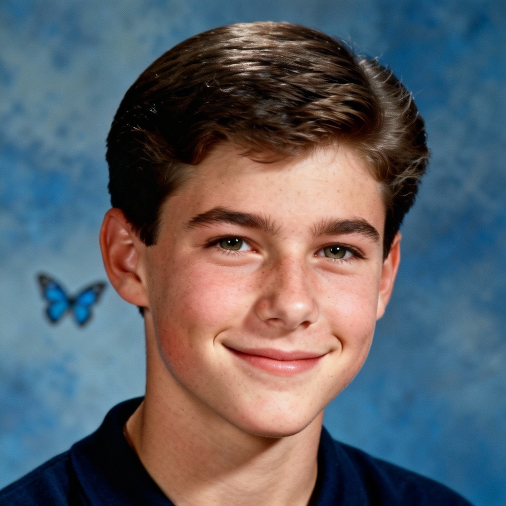 AI yearbook portrait on blue studio backdrop, classic headshot