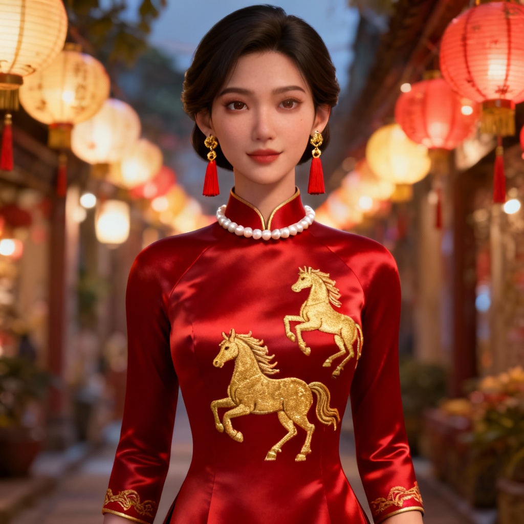 AI virtual try-on of crimson ao dai with gold horse embroidery