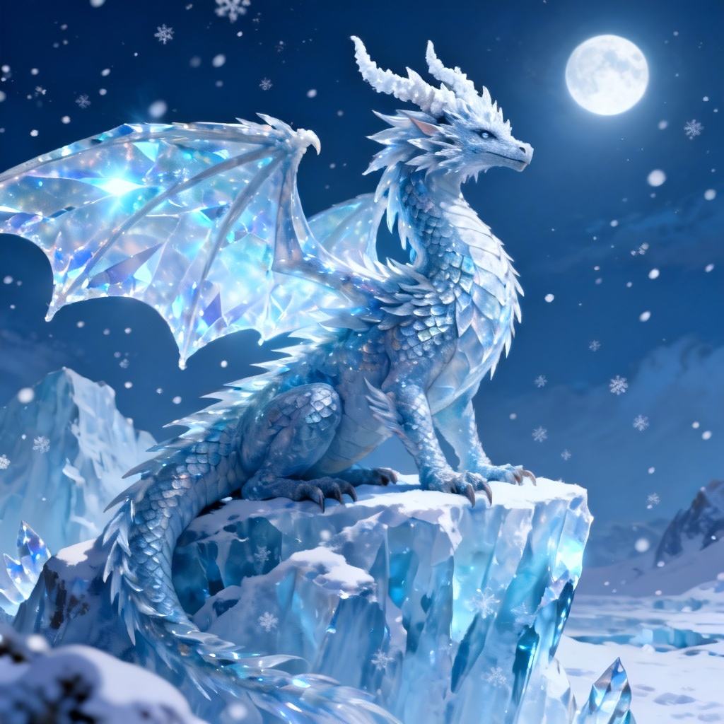 AI ice dragon with crystalline wings on a glacier