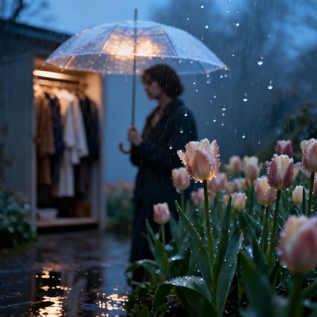 Rainy tulip garden shoot with umbrella