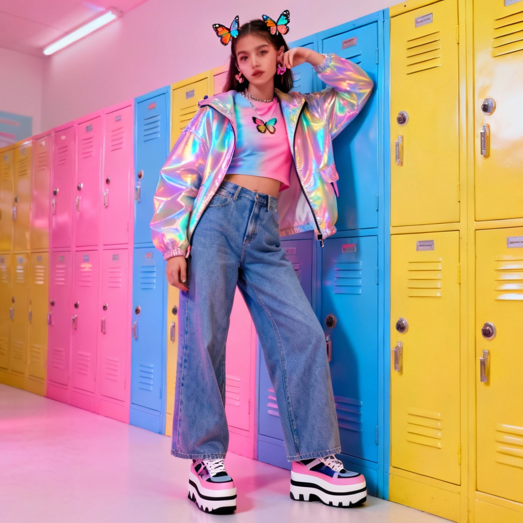 AI Y2K youth outfit with neon accents near school lockers