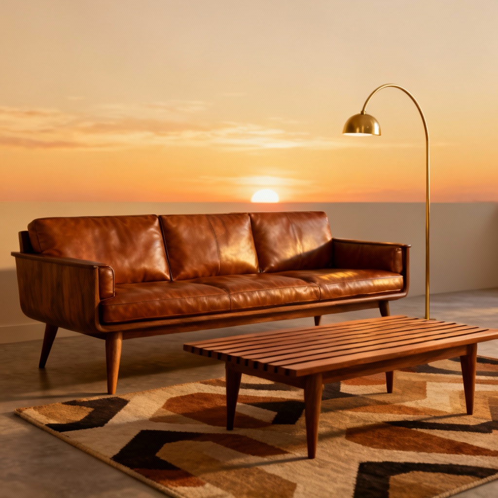 AI mid century walnut living room furniture
