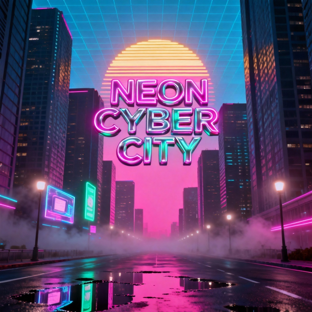 AI vaporwave neon cityscape with chrome text