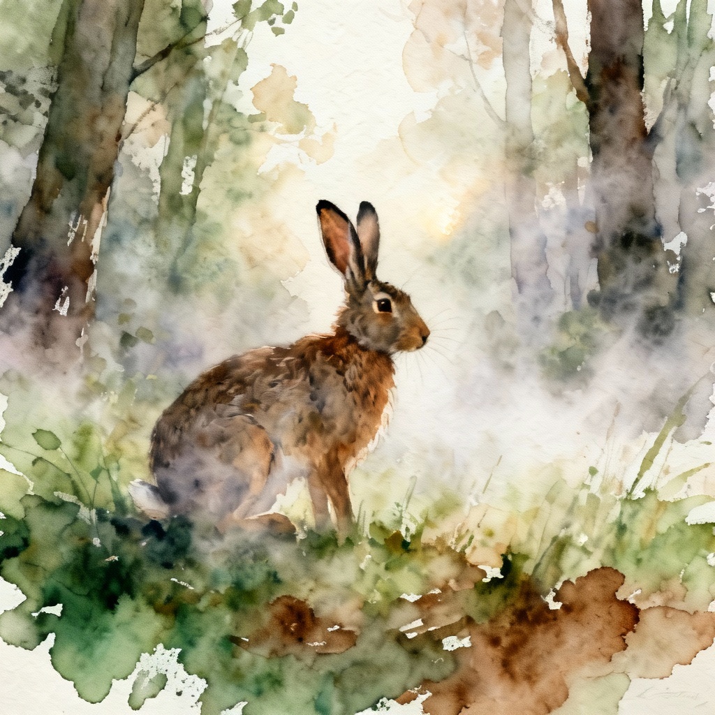 Watercolor illustration of a hare in a misty forest