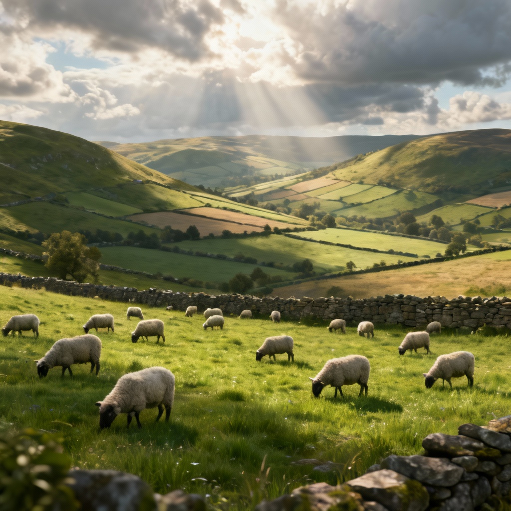 AI rolling hills countryside with grazing sheep