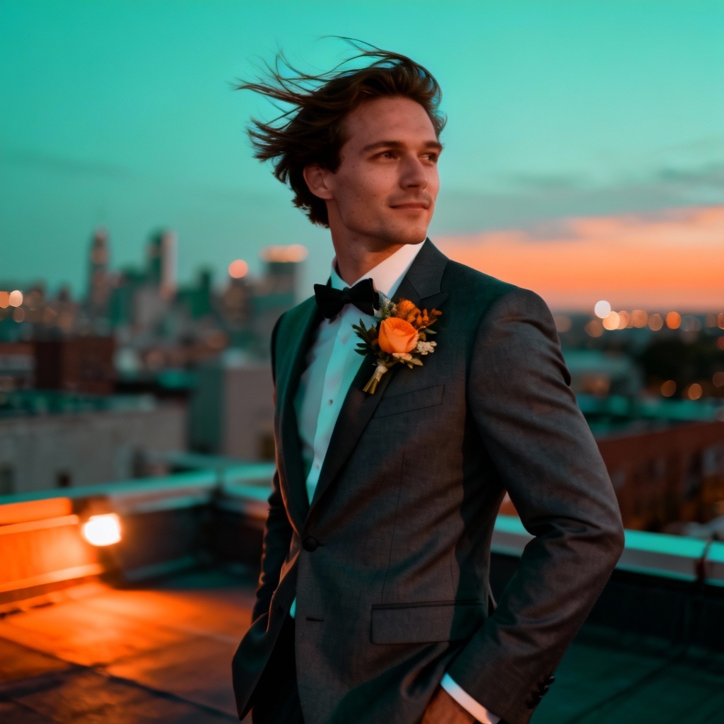 AI urban solo wedding groom portrait at sunset