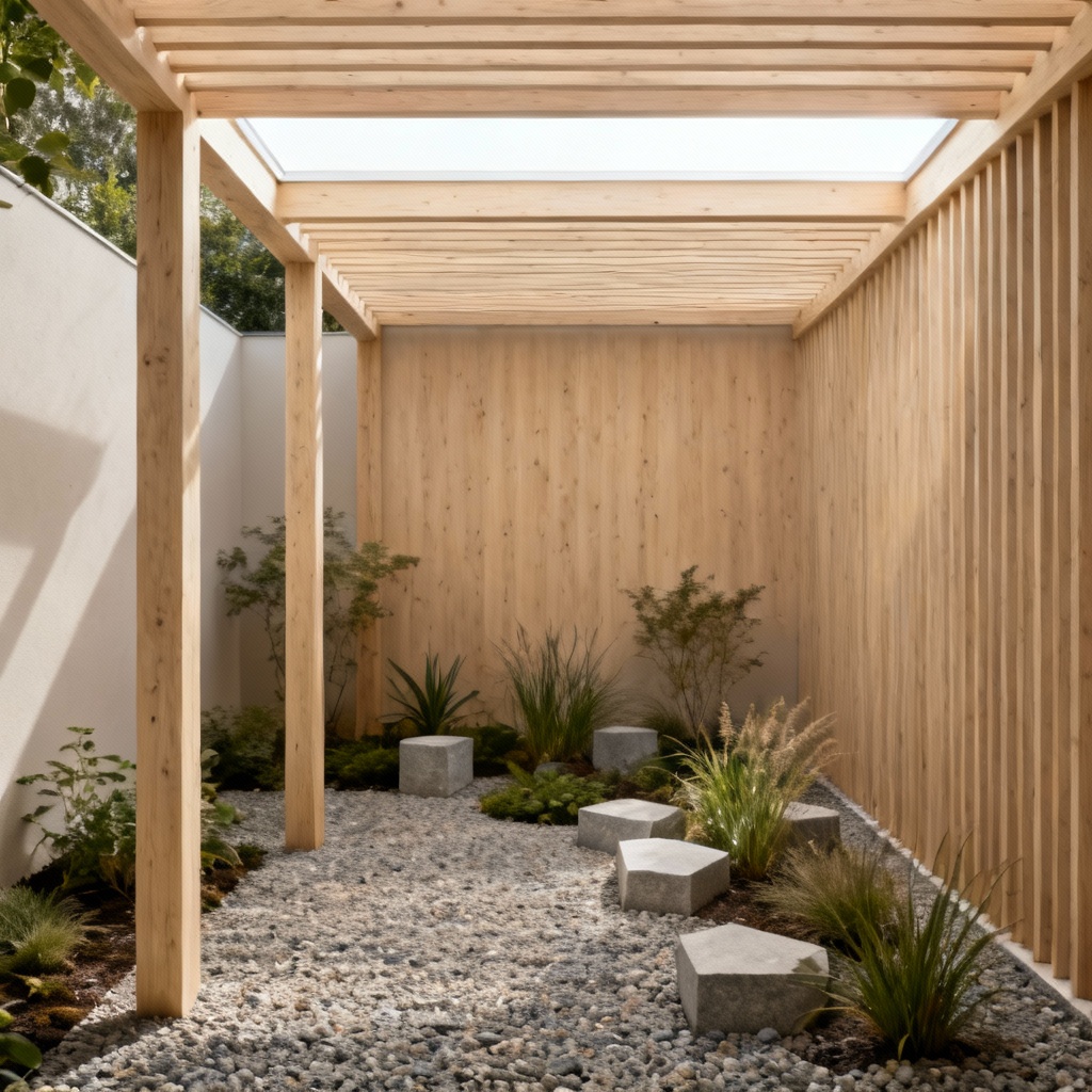 AI Scandinavian wooden pergola in a calm garden