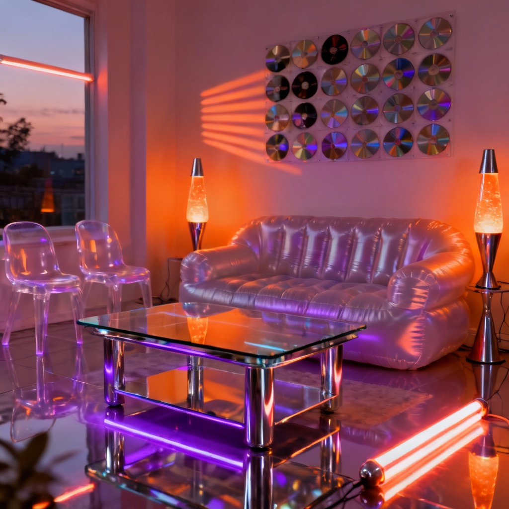 AI retro-futuristic Y2K living room design